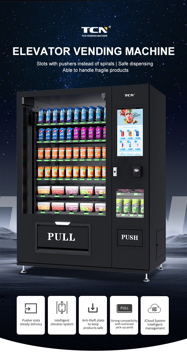 TCN elevator vending machine with pusher slots and intelligent lift system for safe, damage-free product dispensing