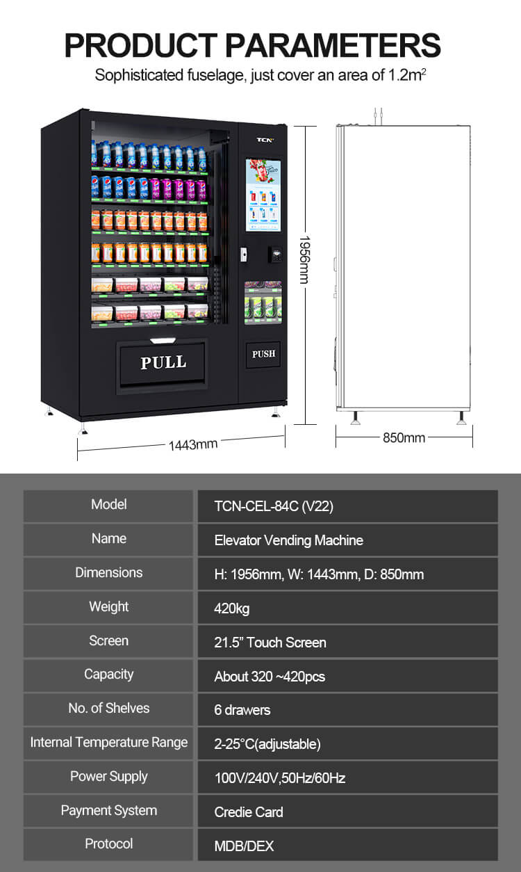 Technical specifications for the TCN-CEL-84C (V22) model, highlighting its 1.2m&sup2; footprint and 320-420 item capacity