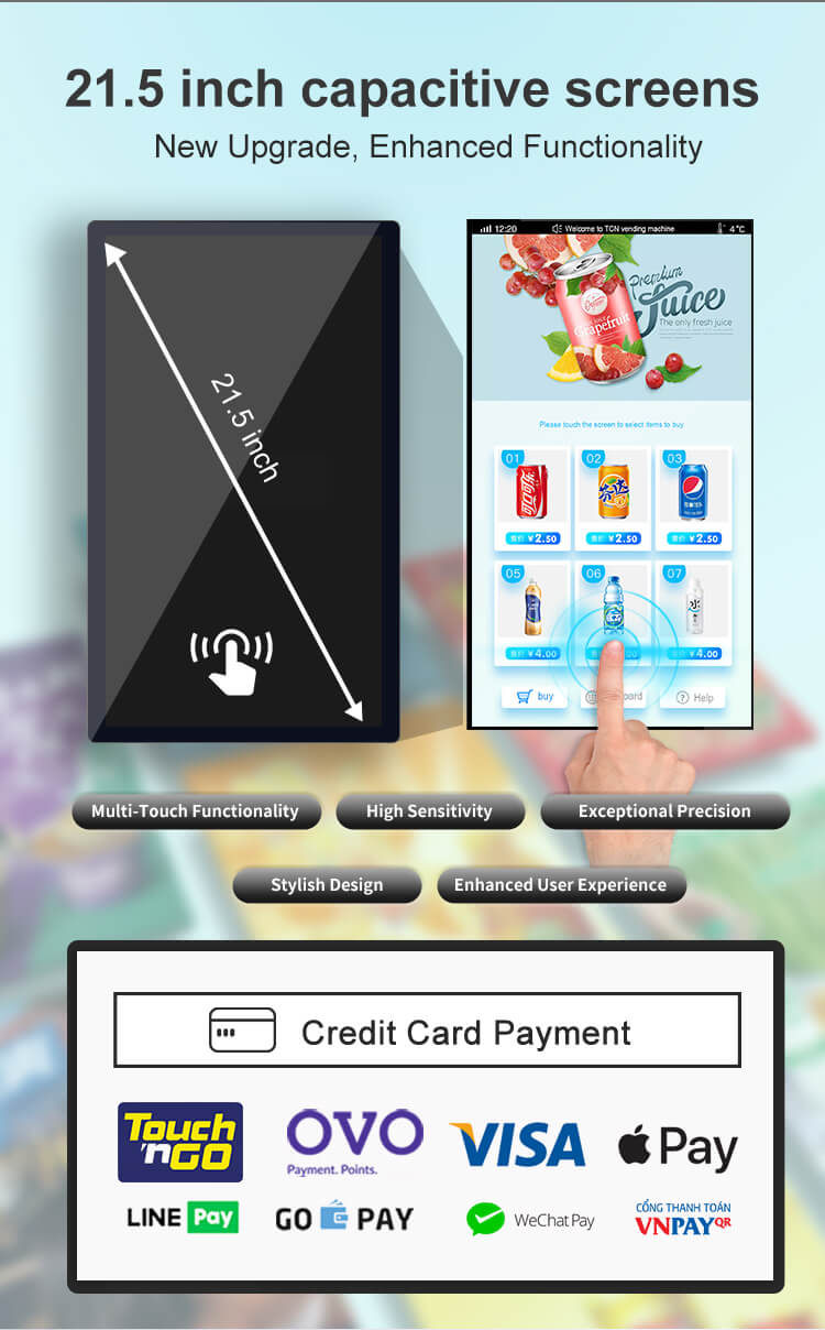 User-friendly 21.5-inch capacitive touchscreen interface supporting multiple payment options like Visa and Apple Pay.
