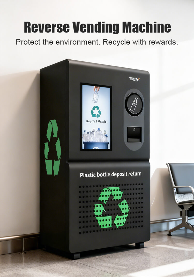 TCN Reverse Vending Machine interface promoting plastic bottle deposit returns, showcasing the user journey of recycling for rewards to protect the environment