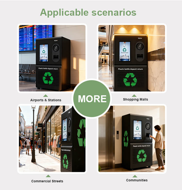 Applicable scenarios for the reverse vending machine, including airports, shopping malls, and communities, demonstrating its wide usability in public spaces