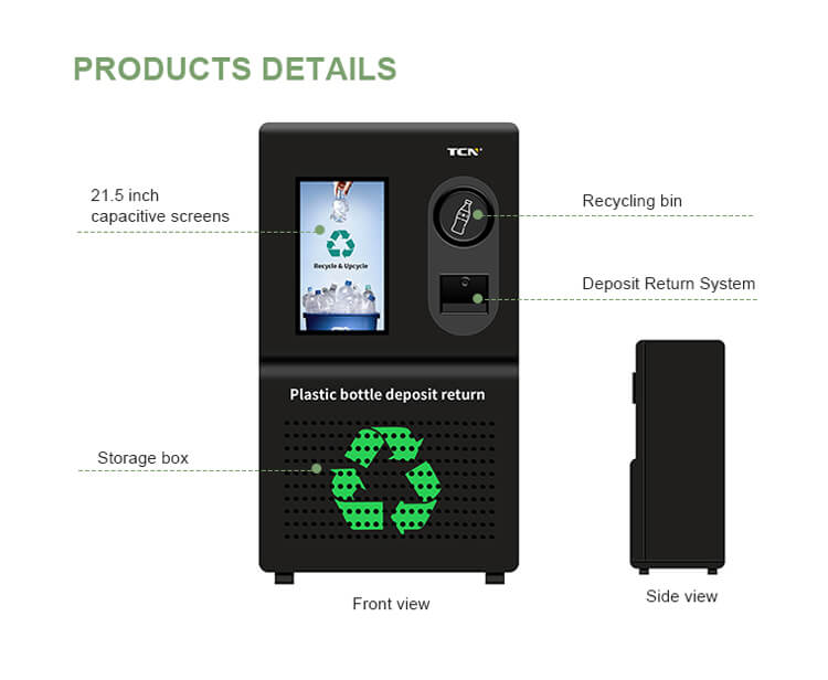 Product details of the TCN plastic bottle deposit return machine, highlighting its 21.5-inch capacitive screen, deposit inlet, and storage box for efficient collection.