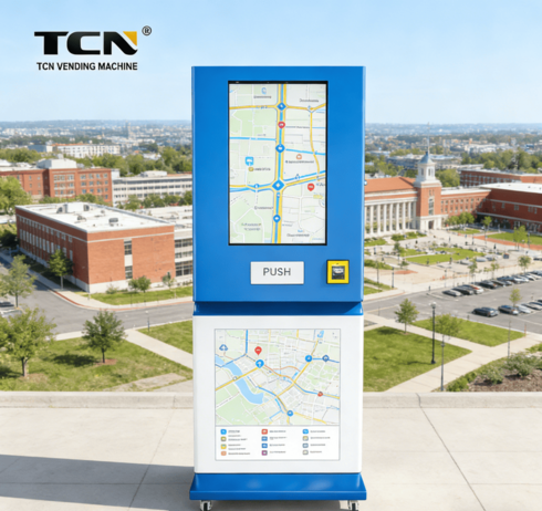 TCN Big Ad Screen vending machine with an interactive city map and digital guidance to help international students navigate a new city.