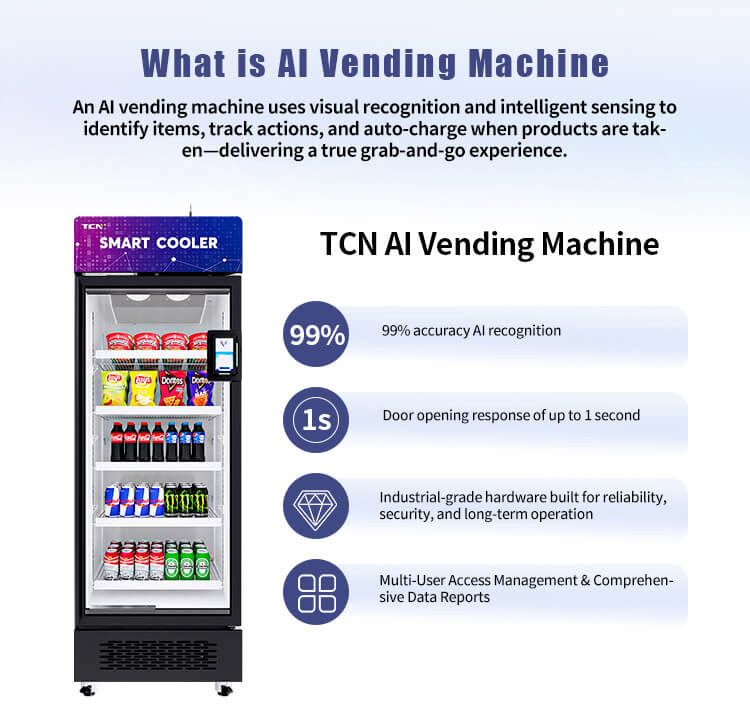 Visual recognition technology explanation for TCN AI vending machine: grab-and-go experience with intelligent sensing and auto-charge system