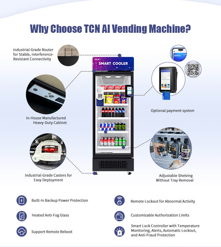 Industrial-grade hardware features: TCN smart cooler with heated anti-fog glass, backup power protection, and remote lockout controller