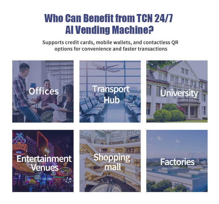 Target locations for AI vending machines: offices, transport hubs, universities, entertainment venues, shopping malls, and factories