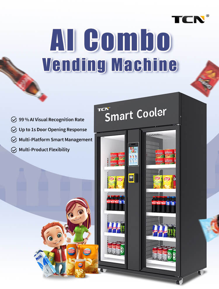 TCN Smart Cooler - AI Combo Vending Machine with 99% visual recognition for instant grab-and-go checkout. Features multi-product flexibility and smart management.