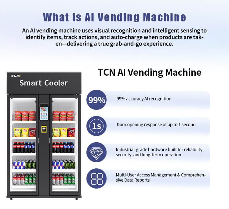 What is an AI Vending Machine? TCN Smart Cooler uses visual recognition for a seamless grab-and-go shopping experience with instant payment.
