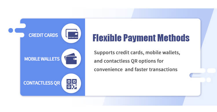 Flexible payment methods for TCN AI vending machines: credit cards, mobile wallets (Apple Pay/Google Pay), and contactless QR code payments.