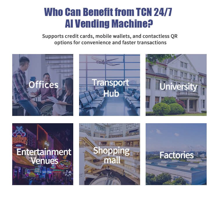 Who benefits from TCN 24/7 AI Vending Machines? Offices, universities, transport hubs, shopping malls, factories, and entertainment venues.