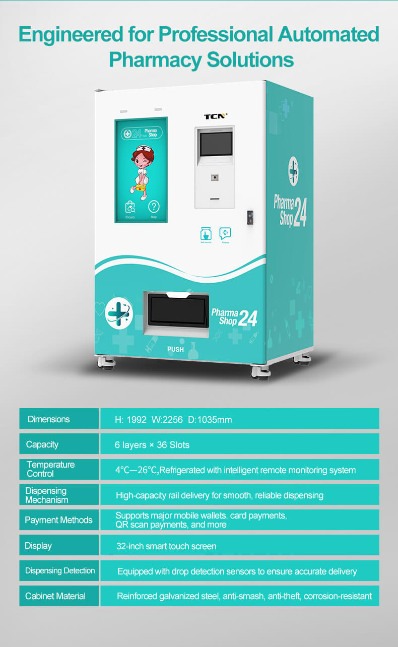 Technical specifications of the TCN professional automated pharmacy vending machine