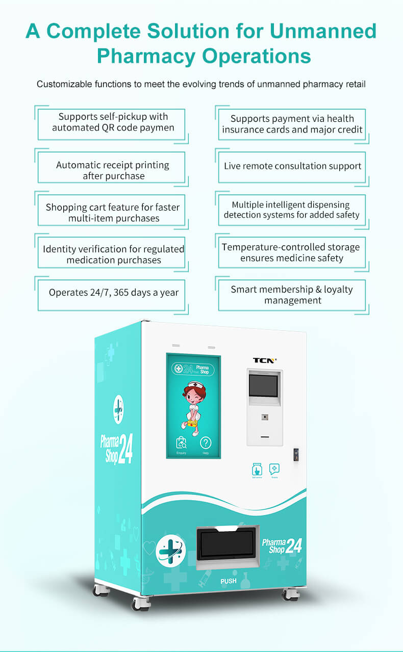 Complete unmanned pharmacy solution features of TCN vending machine