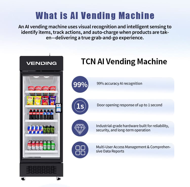Visual recognition technology explanation for TCN AI vending machine: grab-and-go experience with intelligent sensing and auto-charge system