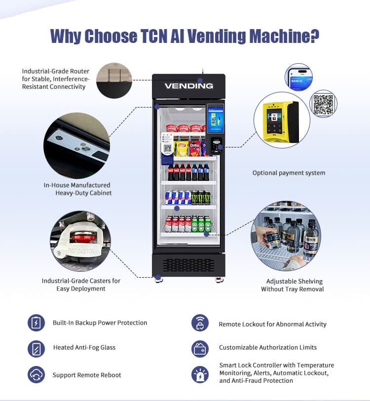 Industrial-grade hardware features: TCN smart cooler with heated anti-fog glass, backup power protection, and remote lockout controller