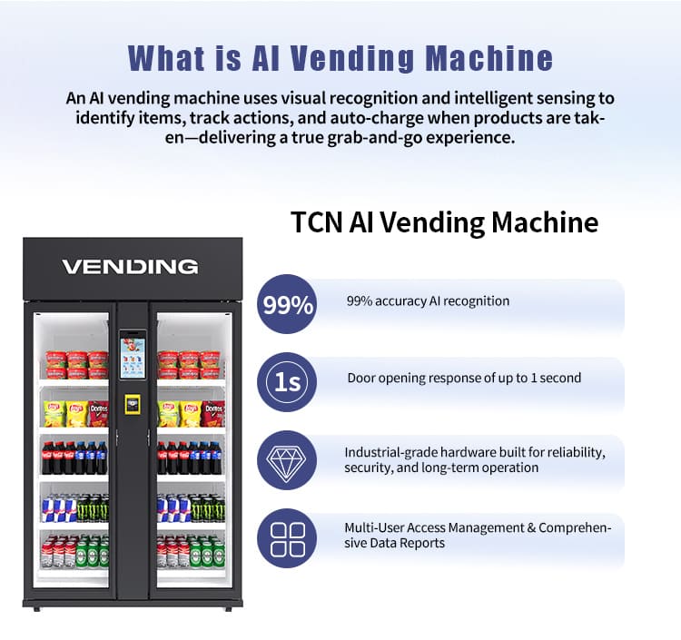 What is an AI Vending Machine? TCN Smart Cooler uses visual recognition for a seamless grab-and-go shopping experience with instant payment.