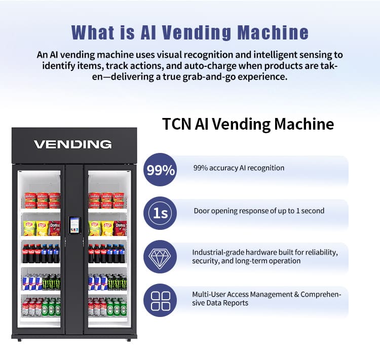 What is an AI Vending Machine? TCN Smart Cooler uses visual recognition for a seamless grab-and-go shopping experience with instant payment.