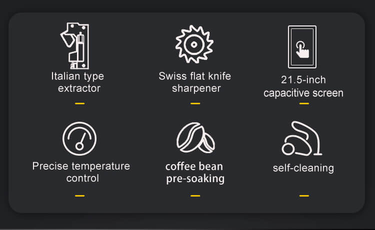 Six key features of the TCN coffee Vending machine: Italian extractor, Swiss grinder, touchscreen, temperature control, pre-soaking, and self-cleaning