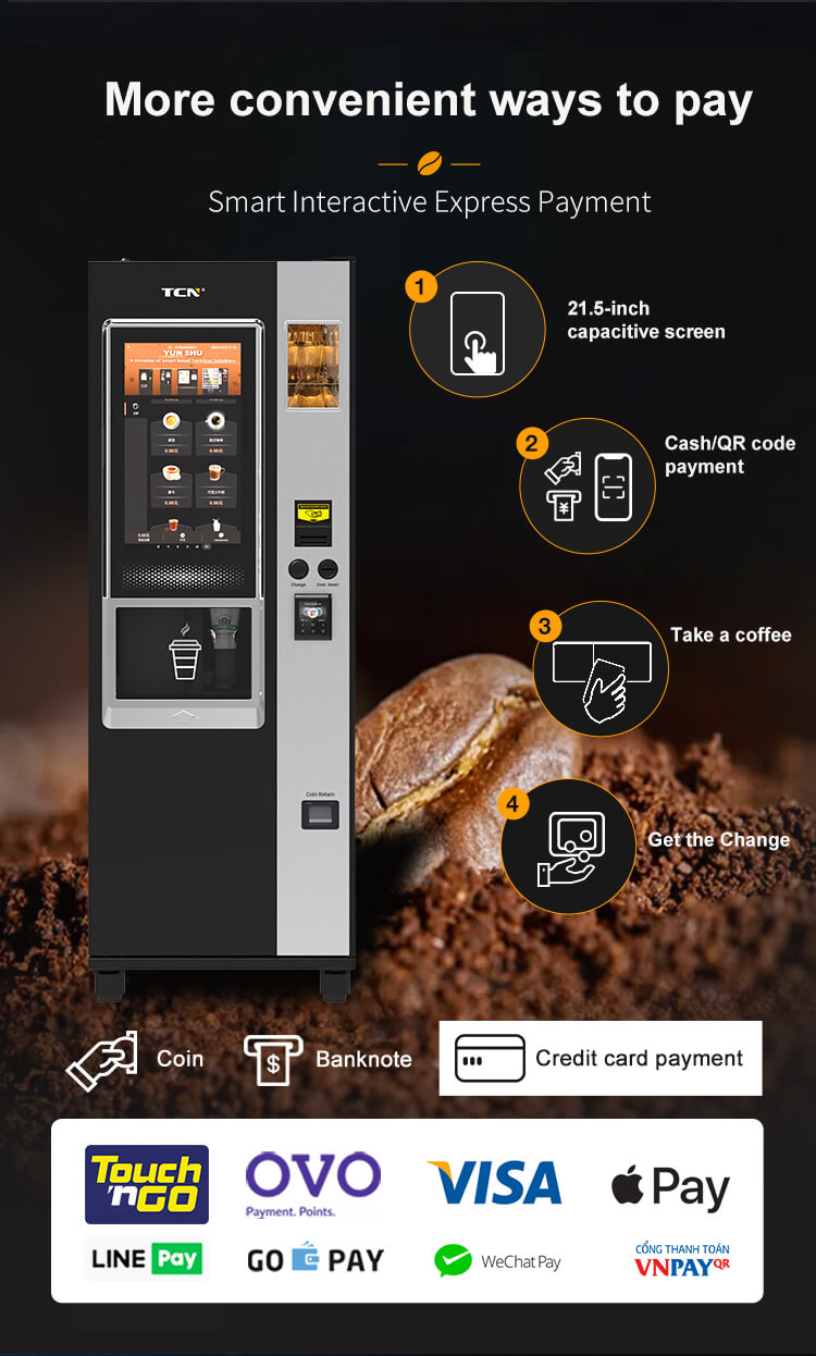 Multiple payment options in TCN coffee vending machine - touch screen, cash, QR code, credit card, WeChat Pay, and LINE Pay