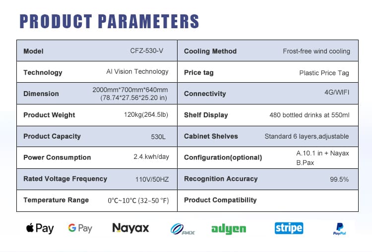 Technical specifications of TCN-CFZ-530-V AI Smart Vending Machine: 530L capacity, 1950x700x700mm dimensions, air-cooled refrigeration