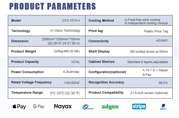 Detailed specifications for TCN-CFZ-1074-V AI Smart Vending Machine: 1074L capacity, dimensions, power consumption, and payment options.