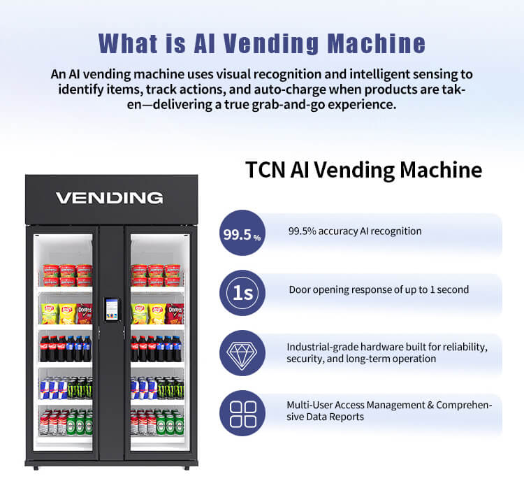 Detailed specifications for TCN-CFZ-1074-V AI Smart Vending Machine: 1074L capacity, dimensions, power consumption, and payment options