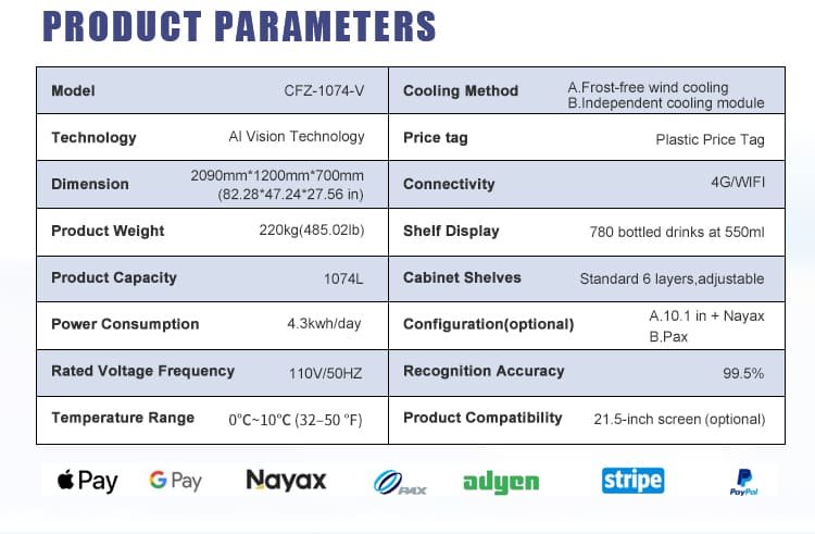 Detailed specifications for TCN-CFZ-1074-V AI Smart Vending Machine: 1074L capacity, dimensions, power consumption, and payment options
