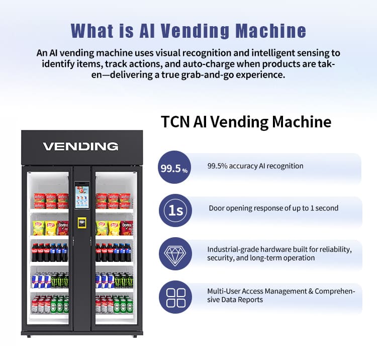 What is an AI Vending Machine? TCN Smart Cooler uses visual recognition for a seamless grab-and-go shopping experience with instant payment.