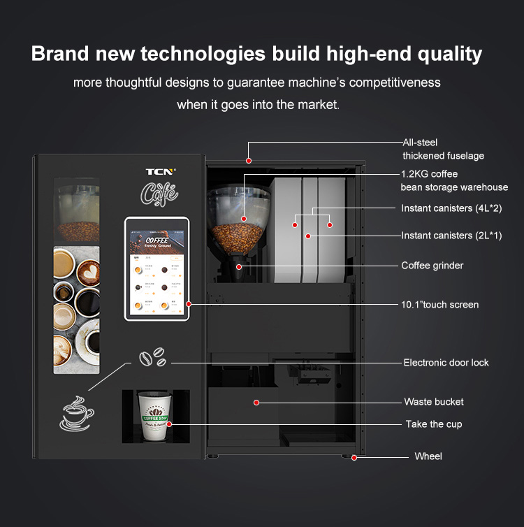 Compact design of TCN-NCF-4N coffee vender showing all-steel body, 1.2KG bean warehouse, and integrated grinder