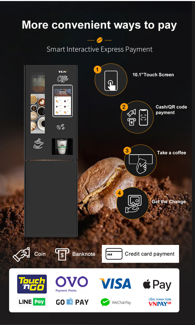 Fast 60-second coffee dispensing with the TCN-NCF-4N machine, serving espresso and milk coffee efficiently