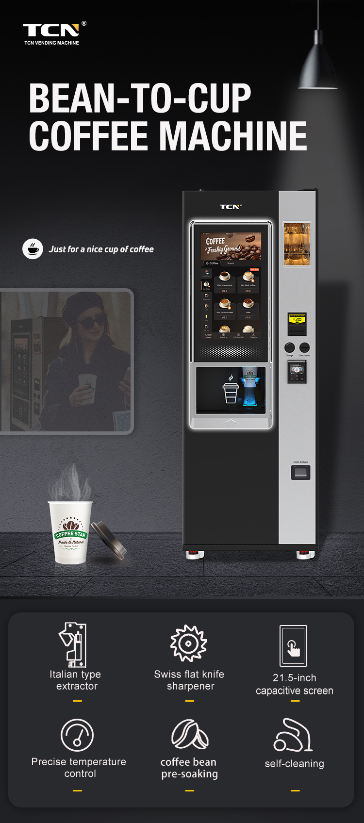 TCN Coffee Vending Machine -Italian extractor, Swiss grinder, touchscreen, temperature control, pre-soaking, and self-cleaning