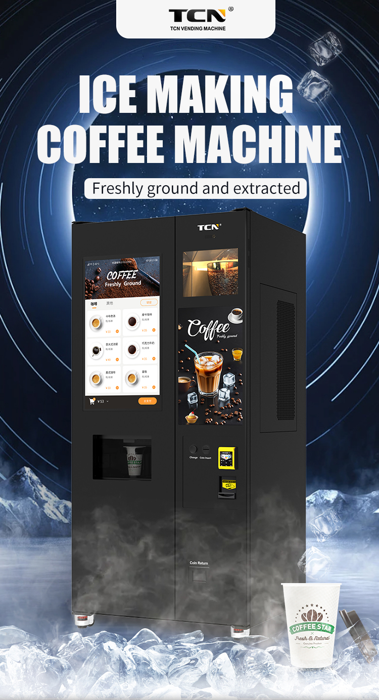 TCN ice making coffee vending machine with Italian extractor, Swiss flat knife grinder, and 21.5 inch touch screen for freshly ground coffee