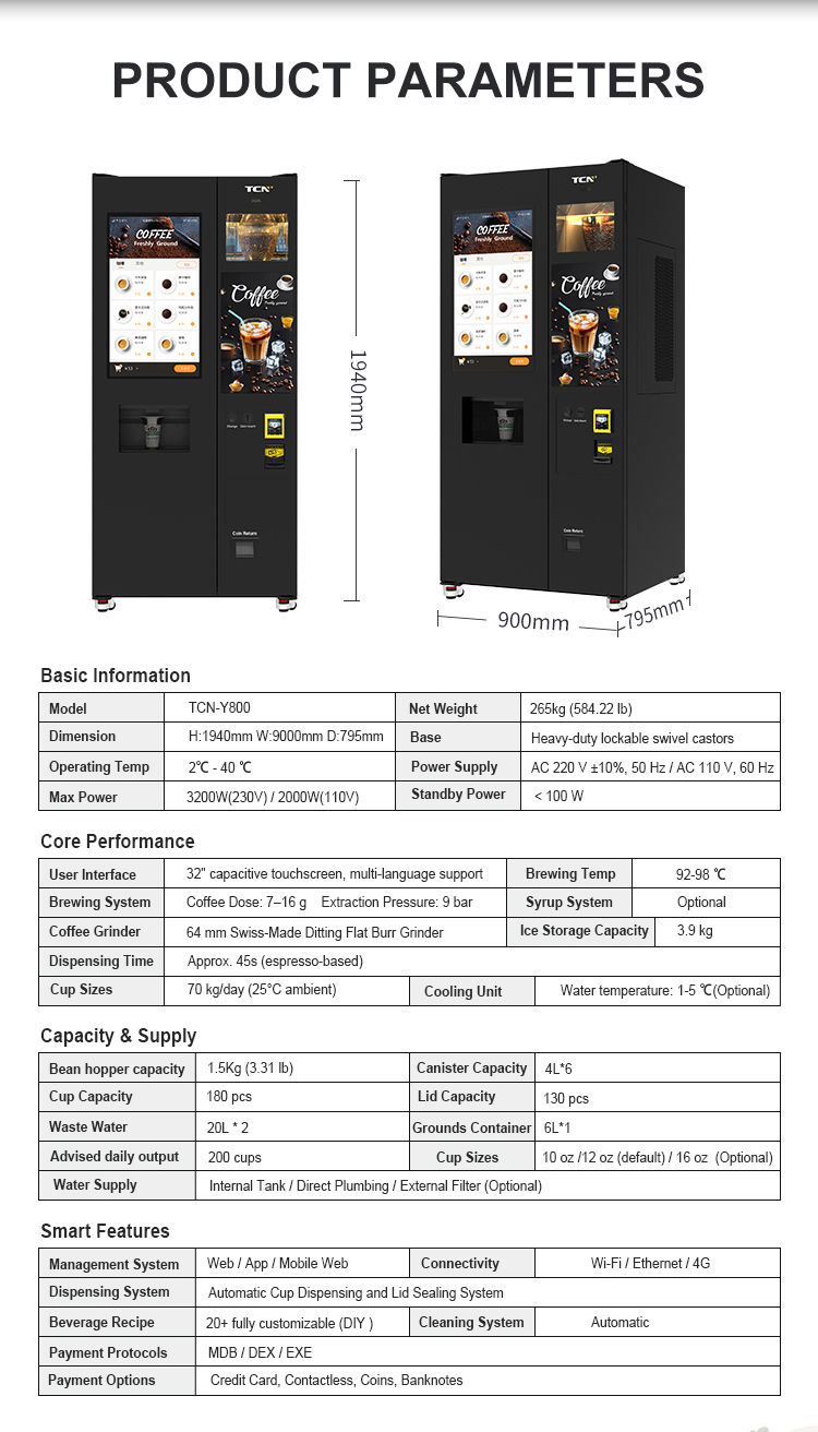 TCN-NCF-8N(V22) ice coffee vending machine product parameters and specifications including dimensions, power, and payment methods