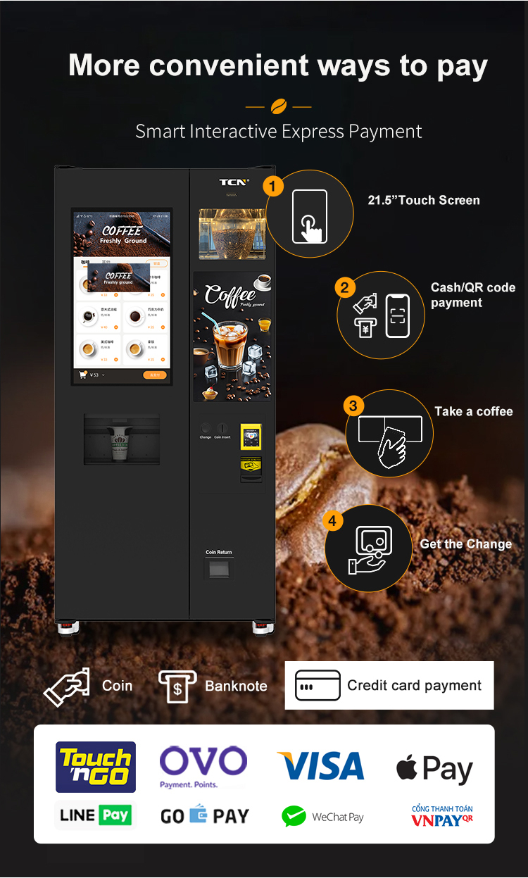 Multiple convenient payment methods for TCN ice coffee vending machine including cash, QR code, and various digital wallets